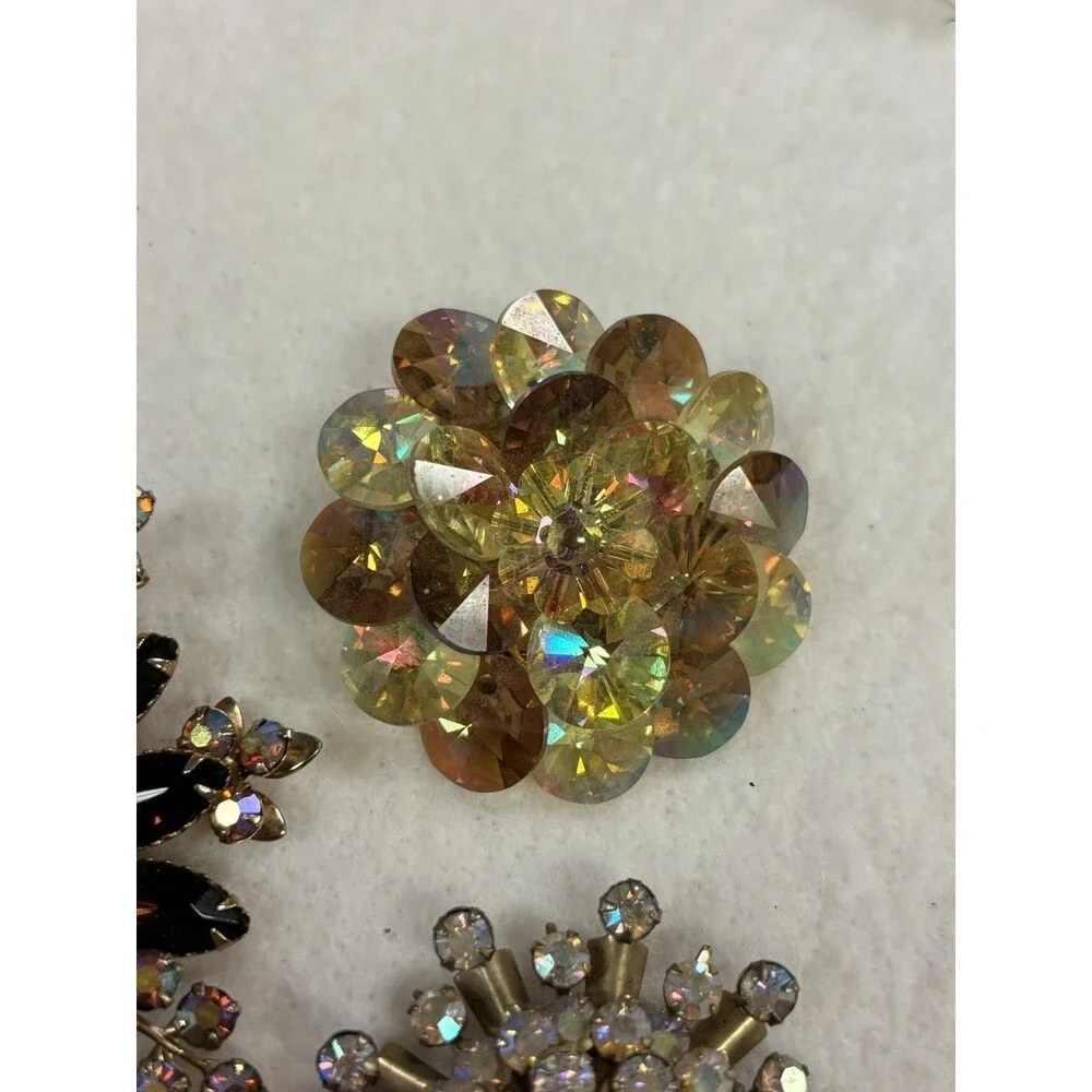 Vintage AB Rhinestone Brooch Lot Atomic Starburst Rivoli Flower Amber Gold Tone
